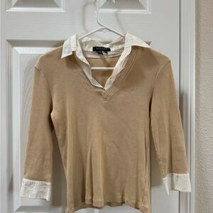 Lauren Ralph Lauren Beige V-Neck ribbed knit Sweater with White Shirt Collar